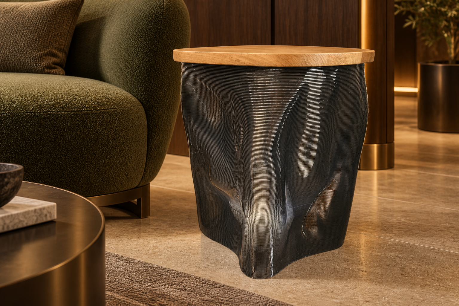 Beistelltisch in Rauchgrau in einer warm beleuchteten Hotellobby